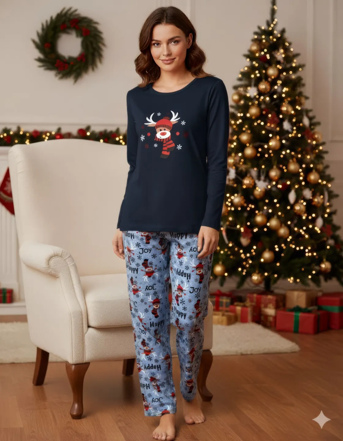 Pijama Crăciun Damă – Bluză Bleumarin & Pantaloni Gri cu Imprimeu Ren - 1