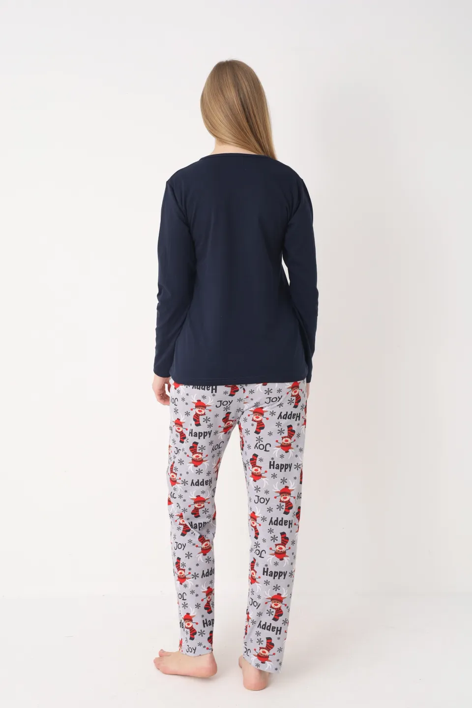Pijama Crăciun Damă – Bluză Bleumarin & Pantaloni Gri cu Imprimeu Ren - 3