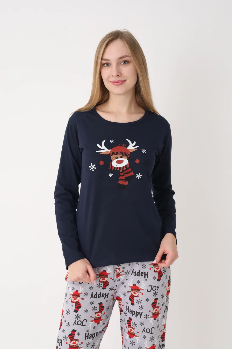 Pijama Crăciun Damă – Bluză Bleumarin & Pantaloni Gri cu Imprimeu Ren - 4