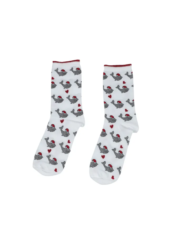 Șosete Damă Albe de Crăciun cu Balene și Căciuliță Roșie