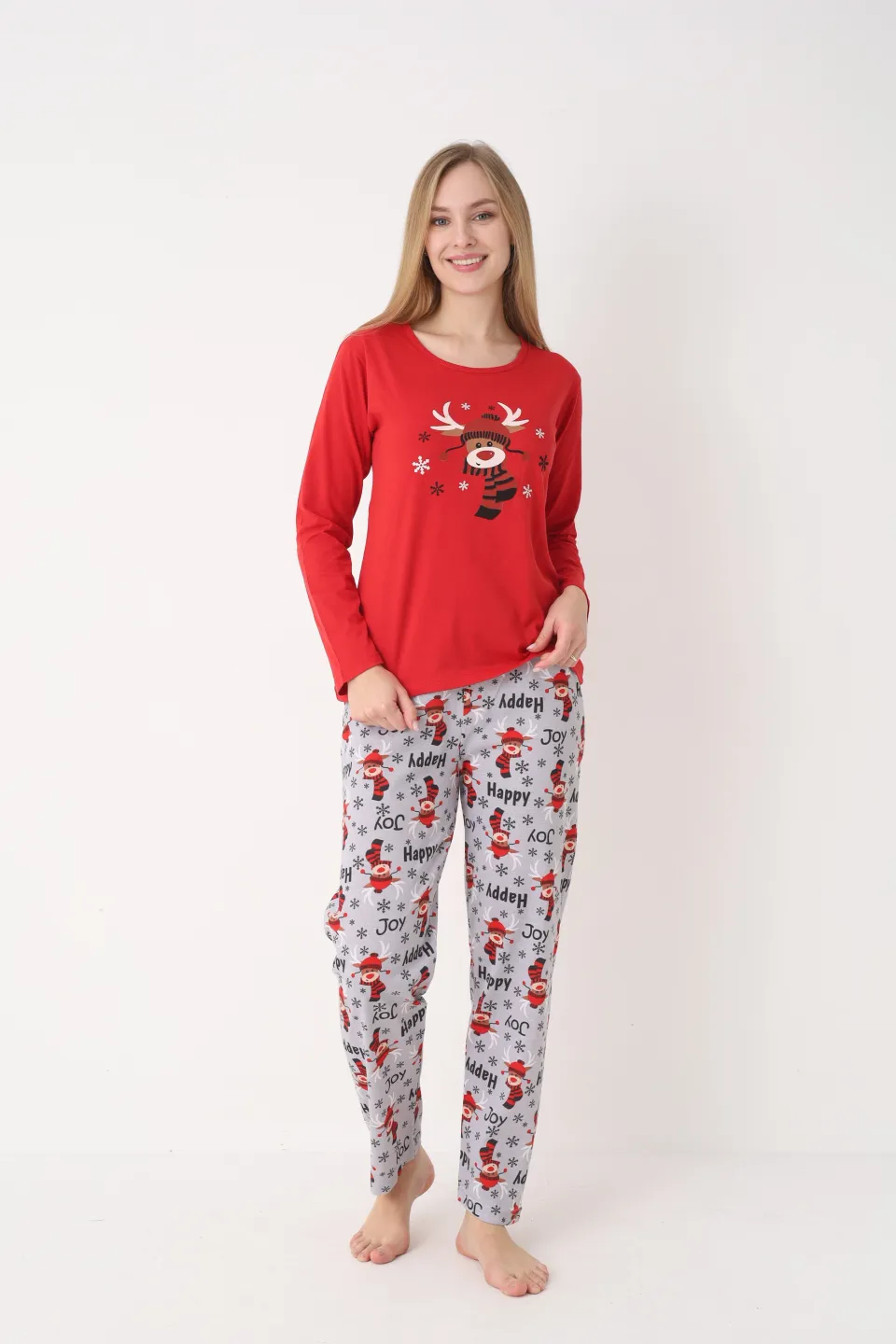 Pijama Crăciun Damă – Bluză Roșie & Pantaloni Gri cu Imprimeu Ren - 2