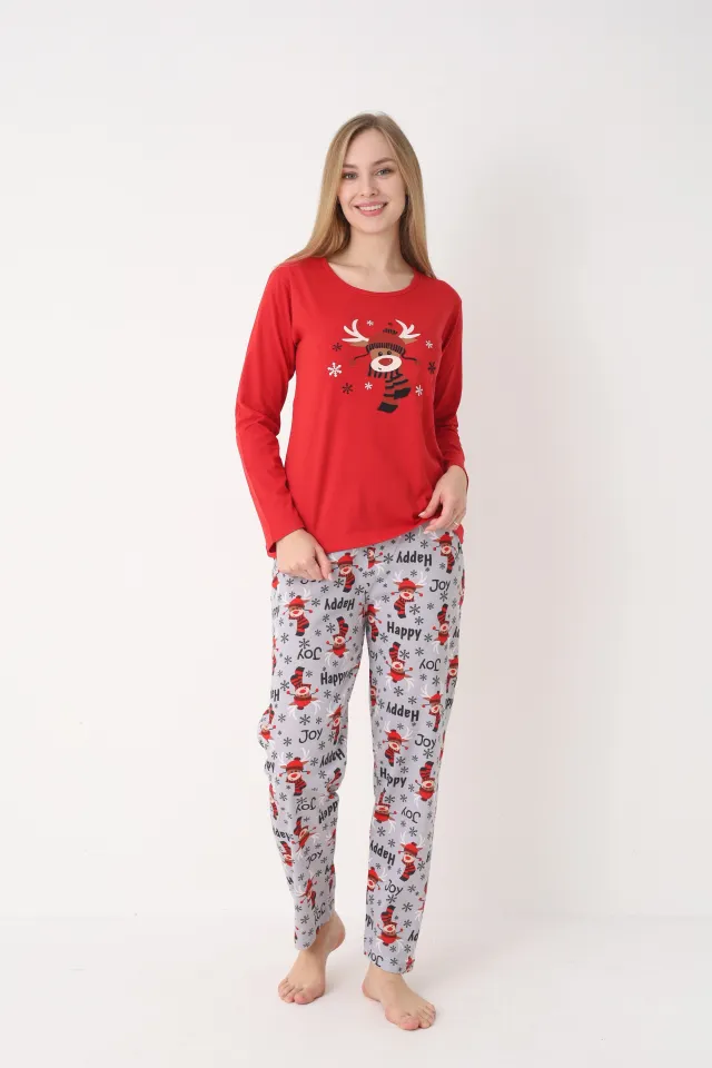 Pijama Crăciun Damă – Bluză Roșie & Pantaloni Gri cu Imprimeu Ren