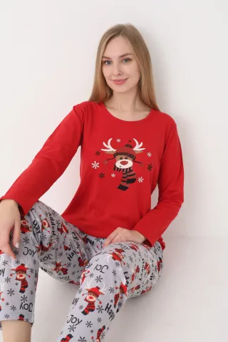 Pijama Crăciun Damă – Bluză Roșie & Pantaloni Gri cu Imprimeu Ren hover