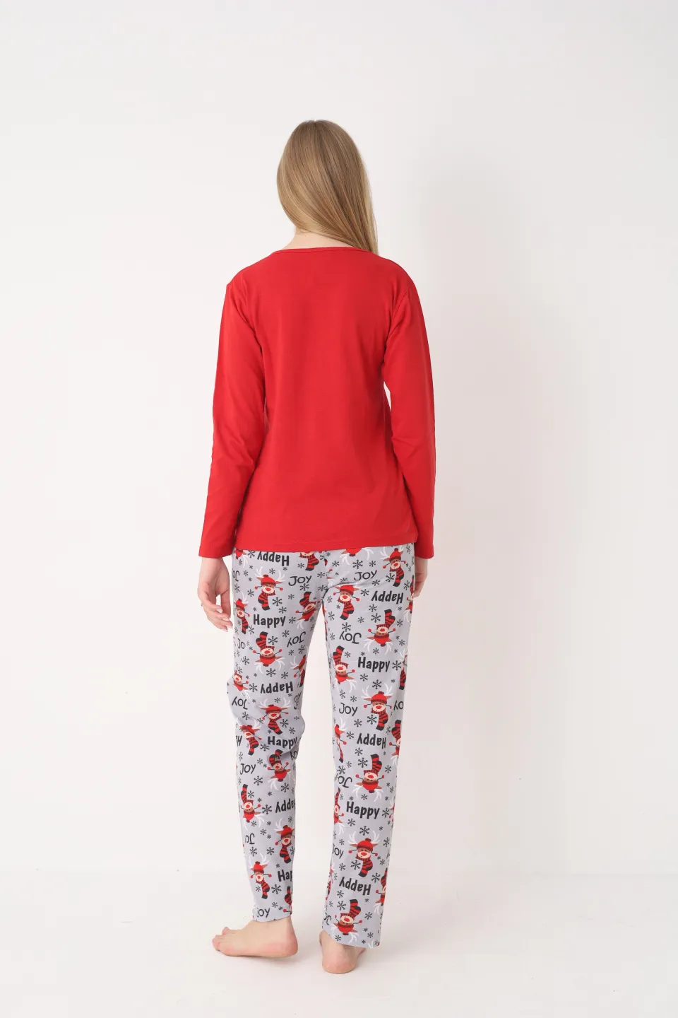 Pijama Crăciun Damă – Bluză Roșie & Pantaloni Gri cu Imprimeu Ren - 4