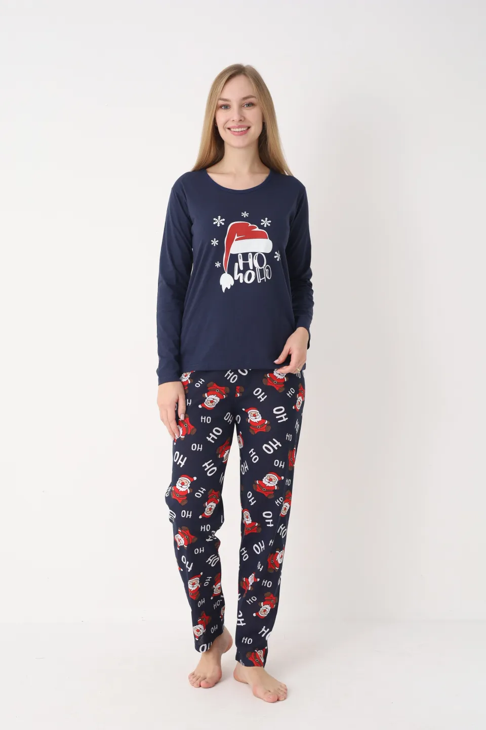 Pijama Crăciun Damă – Bluză & Pantaloni Bleumarin cu Imprimeu „HO HO HO” - 1