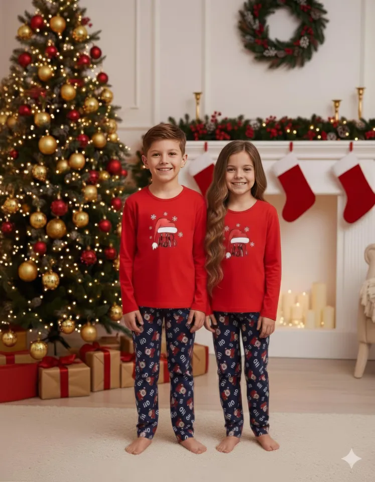 Pijama Crăciun Copii – Bluză Roșie & Pantaloni Bleumarin cu Imprimeu „HO HO HO” și Moș Crăciun