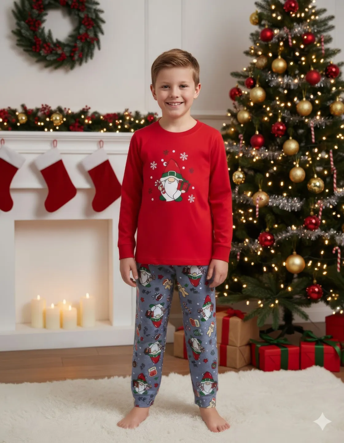 Pijama Crăciun Copii – Bluză Roșie & Pantaloni Gri cu Imprimeu Pitic de Crăciun - 2