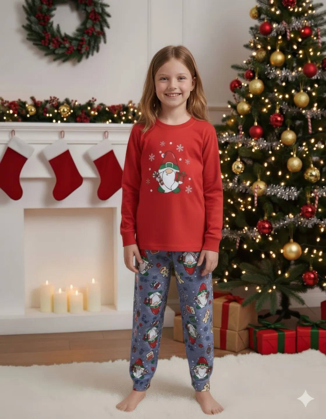 Pijama Crăciun Copii – Bluză Roșie & Pantaloni Gri cu Imprimeu Pitic de Crăciun - 1