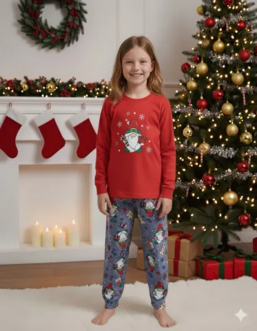 Pijama Crăciun Copii – Bluză Roșie & Pantaloni Gri cu Imprimeu Pitic de Crăciun