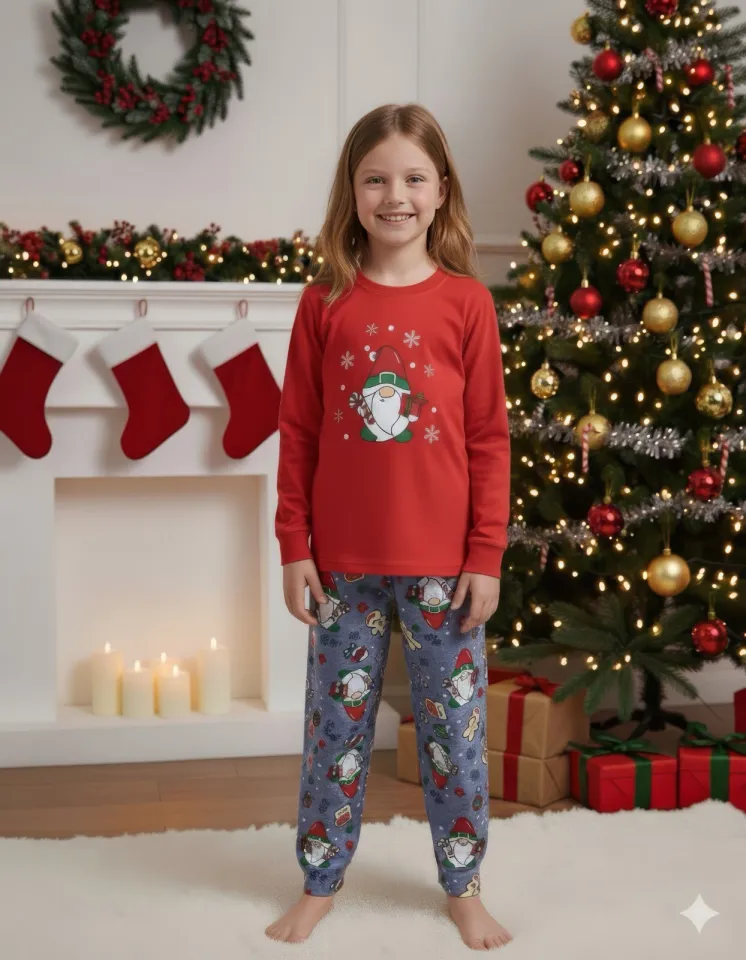 Pijama Crăciun Copii – Bluză Roșie & Pantaloni Gri cu Imprimeu Pitic de Crăciun