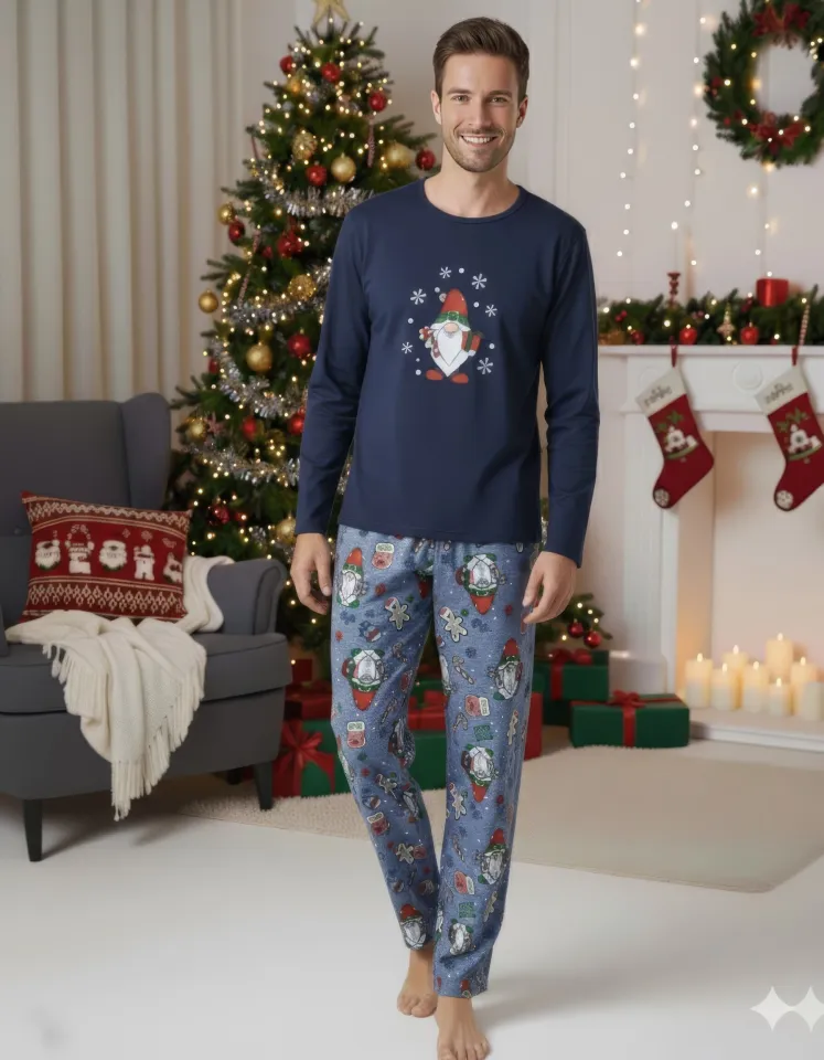 Pijama Crăciun Bărbați – Bluză Bleumarin & Pantaloni Gri cu Imprimeu Pitic de Crăciun