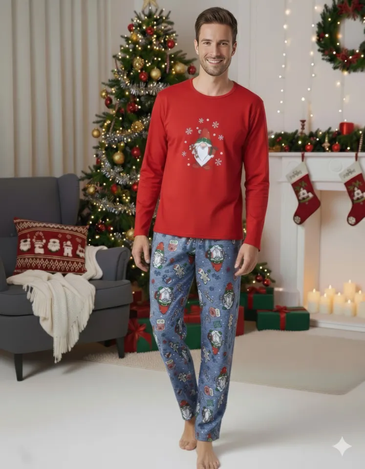 Pijama Crăciun Bărbați – Bluză Roșie & Pantaloni Gri cu Imprimeu Pitic de Crăciun