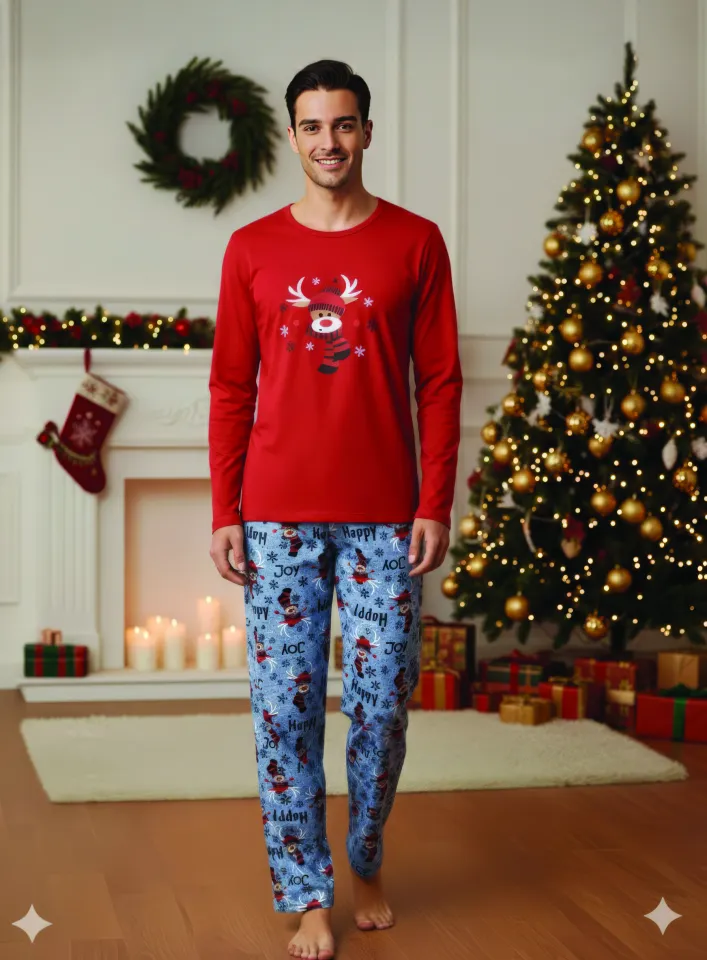 Pijama Crăciun Bărbați – Bluză Roșie & Pantaloni Gri cu Imprimeu Ren și „Happy”