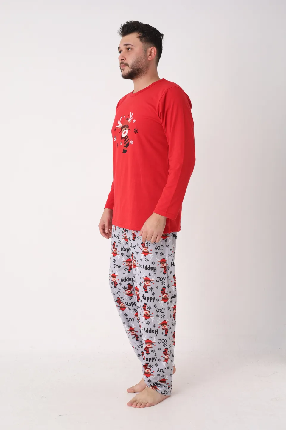Pijama Crăciun Bărbați – Bluză Roșie & Pantaloni Gri cu Imprimeu Ren și „Happy” - 3