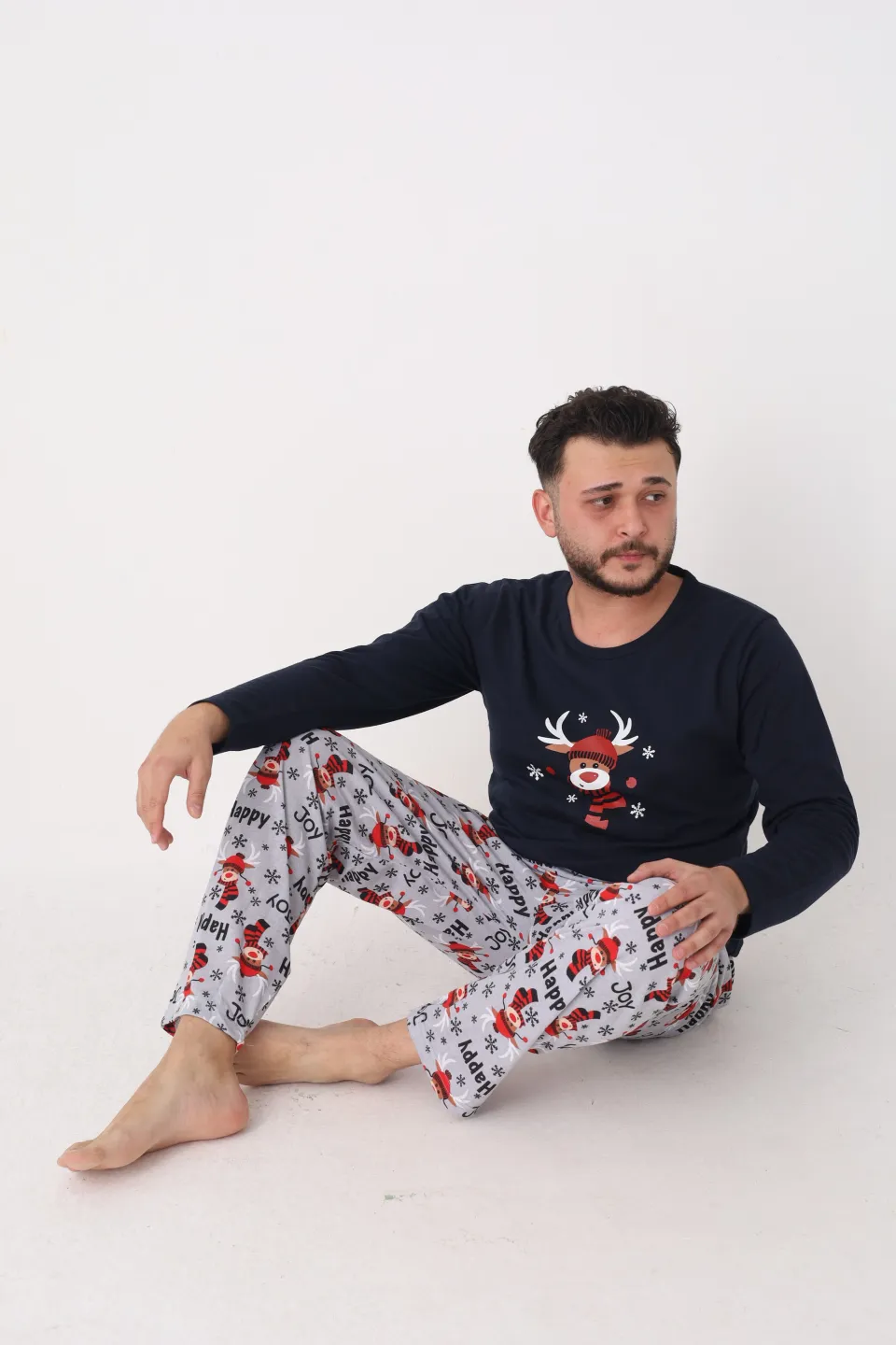 Pijama Crăciun Bărbați – Bluză Bleumarin & Pantaloni Gri cu Imprimeu Ren și „HAPPY” - 2