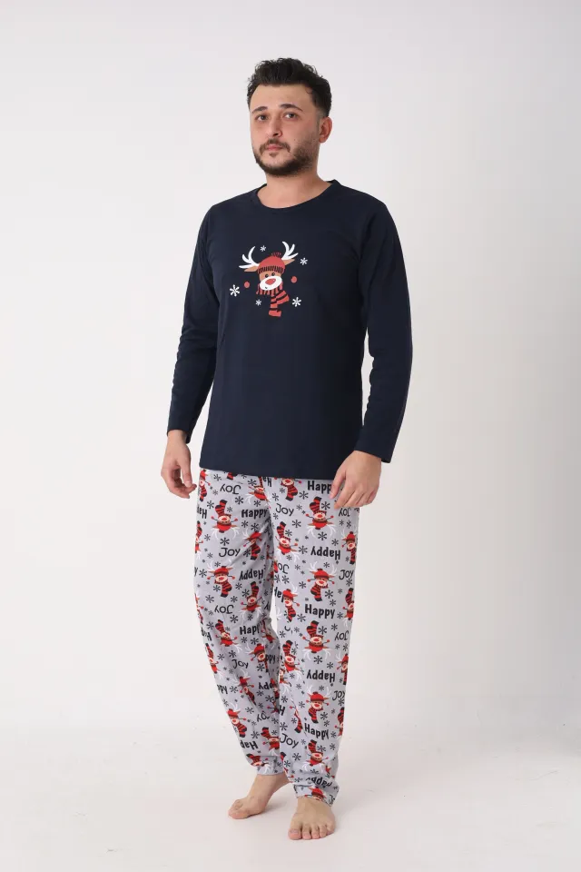 Pijama Crăciun Bărbați – Bluză Bleumarin & Pantaloni Gri cu Imprimeu Ren și „HAPPY”