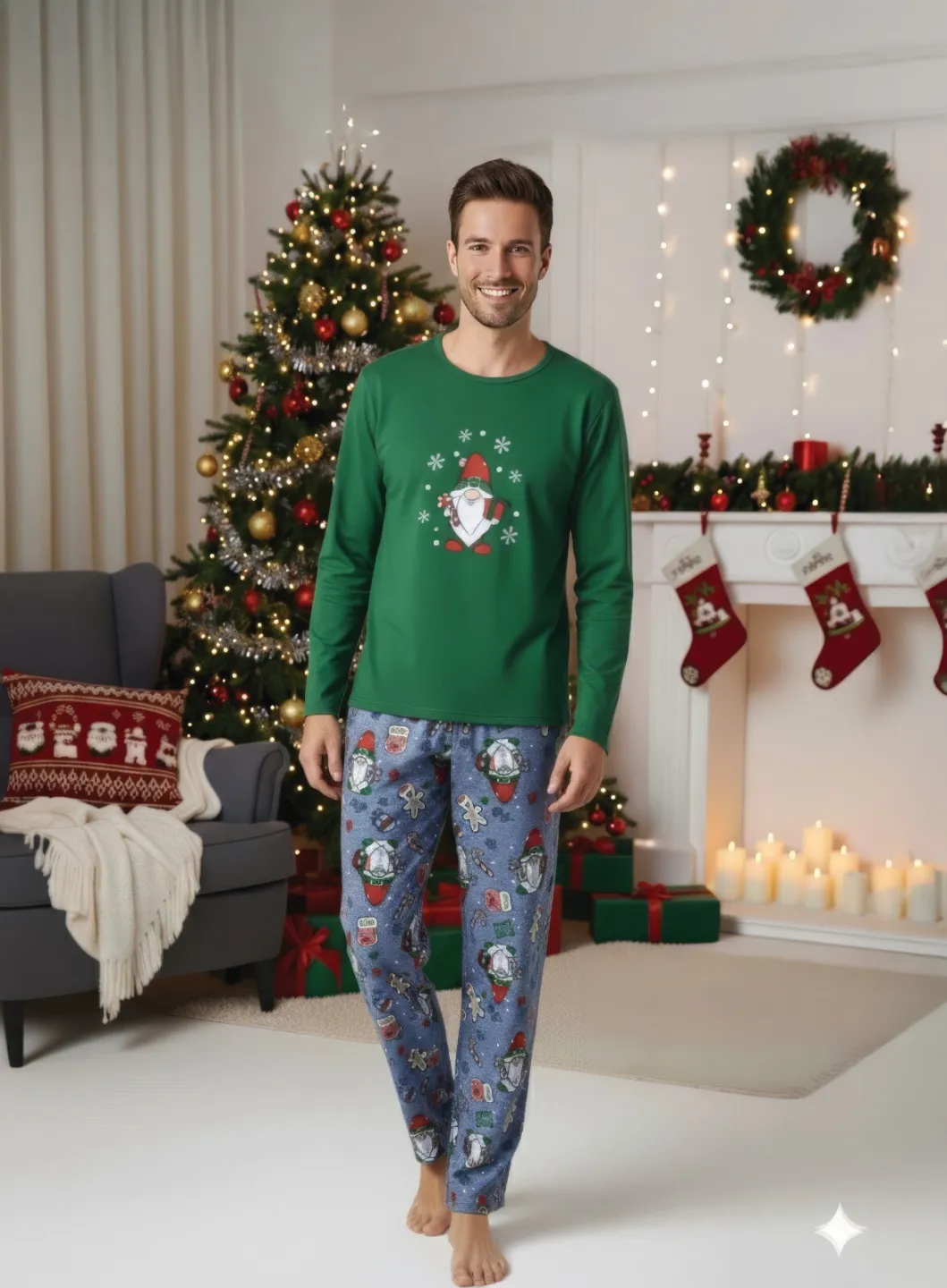 Pijama Crăciun Bărbați – Bluză Verde & Pantaloni Gri cu Imprimeu Pitic de Crăciun - 1