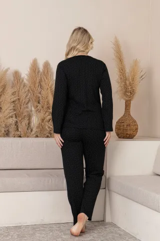 Pijama Damă de Iarnă – Negru cu Picățele Albe, Material Moale hover