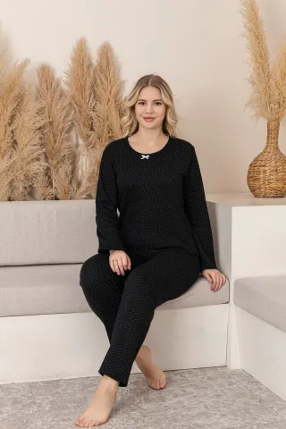 Pijama Damă de Iarnă – Negru cu Picățele Albe, Material Moale