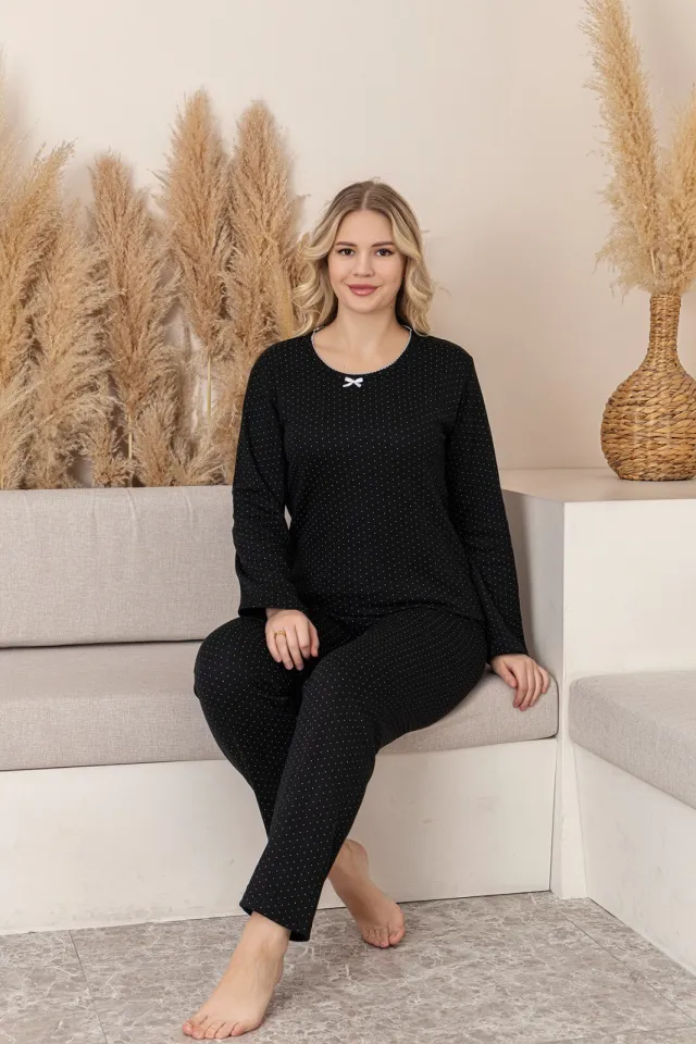Pijama Damă de Iarnă – Negru cu Picățele Albe, Material Moale