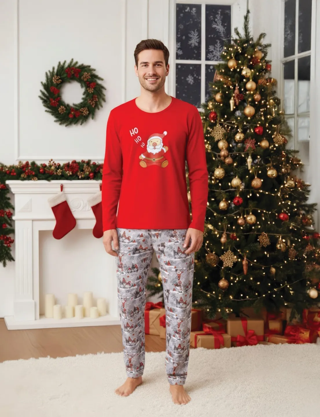 Pijama Crăciun Bărbați – Bluză Roșie & Pantaloni Gri cu Imprimeu Moș Crăciun - 1