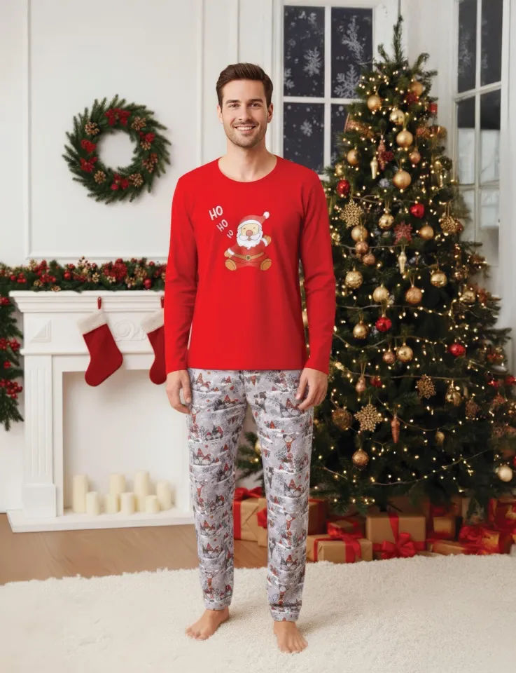 Pijama Crăciun Bărbați – Bluză Roșie & Pantaloni Gri cu Imprimeu Moș Crăciun