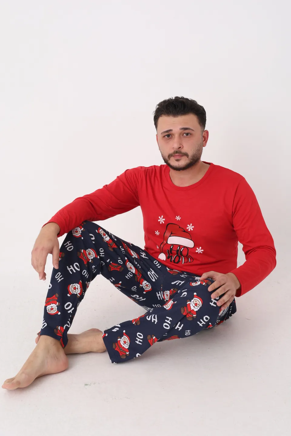 Pijama Crăciun Bărbați – Bluză Roșie & Pantaloni Bleumarin cu Imprimeu „HO HO HO” - 2