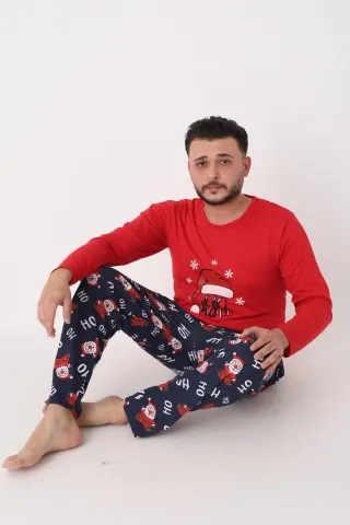 Pijama Crăciun Bărbați – Bluză Roșie & Pantaloni Bleumarin cu Imprimeu „HO HO HO” hover
