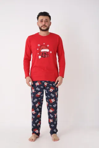 Pijama Crăciun Bărbați – Bluză Roșie & Pantaloni Bleumarin cu Imprimeu „HO HO HO”