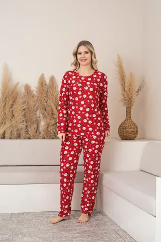 Pijama Damă Roșie cu Imprimeu Festiv de Crăciun – Mâneci și Pantaloni Lungi