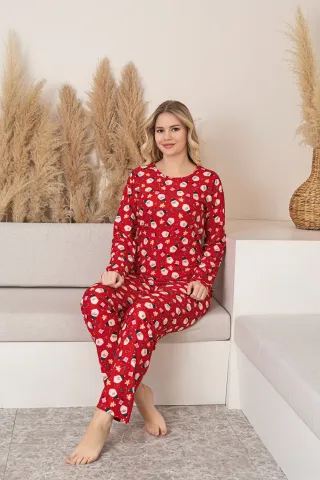 Pijama Damă Roșie cu Imprimeu Festiv de Crăciun – Mâneci și Pantaloni Lungi hover