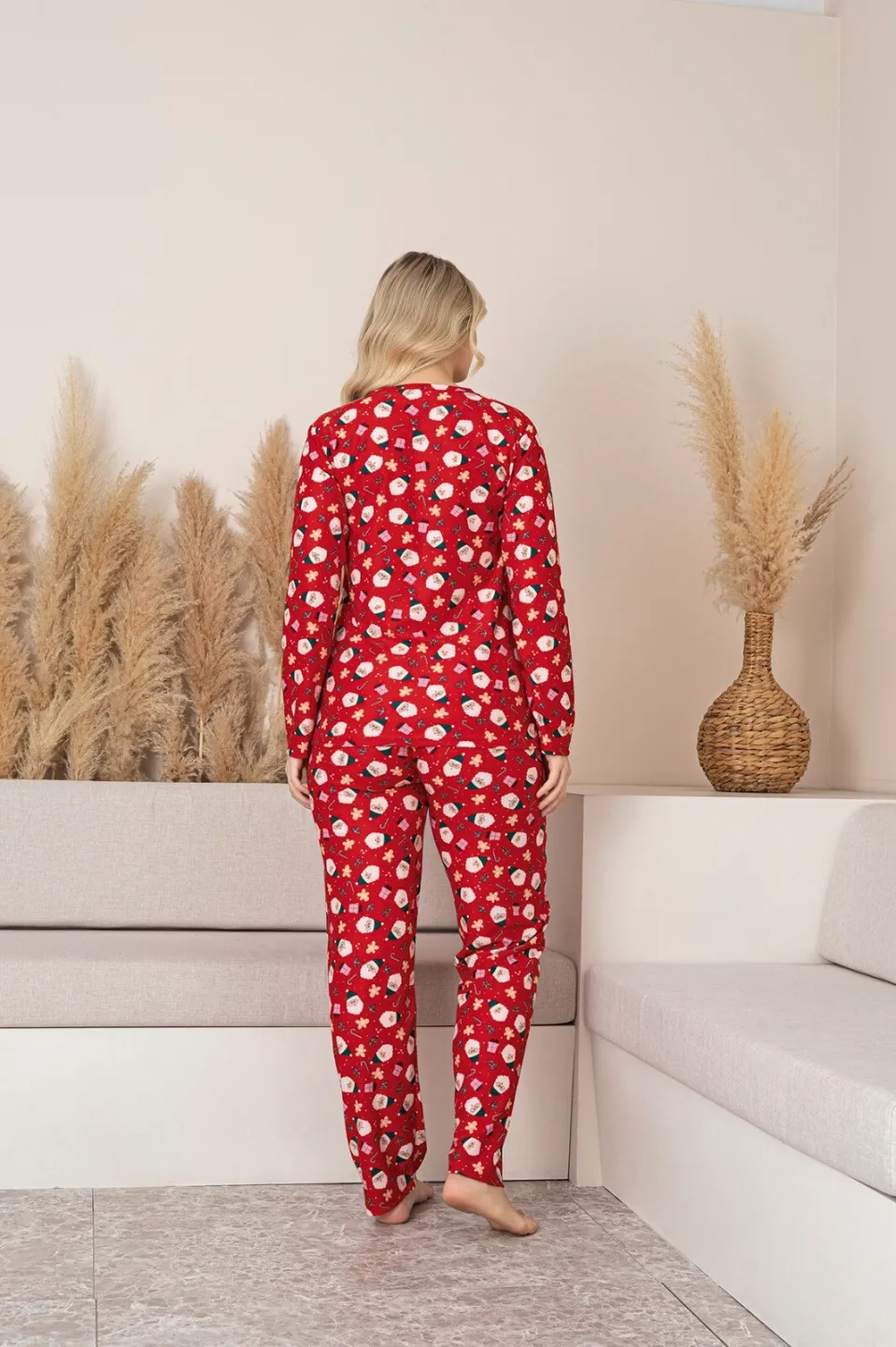 Pijama Damă Roșie cu Imprimeu Festiv de Crăciun – Mâneci și Pantaloni Lungi - 3