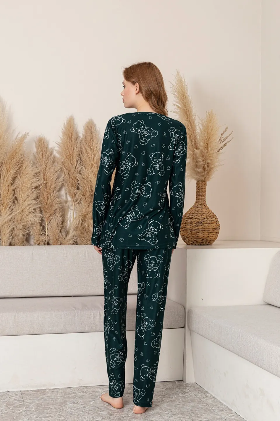 Pijama Damă Verde Închis cu Imprimeu Ursuleți – Mâneci și Pantaloni Lungi - 2