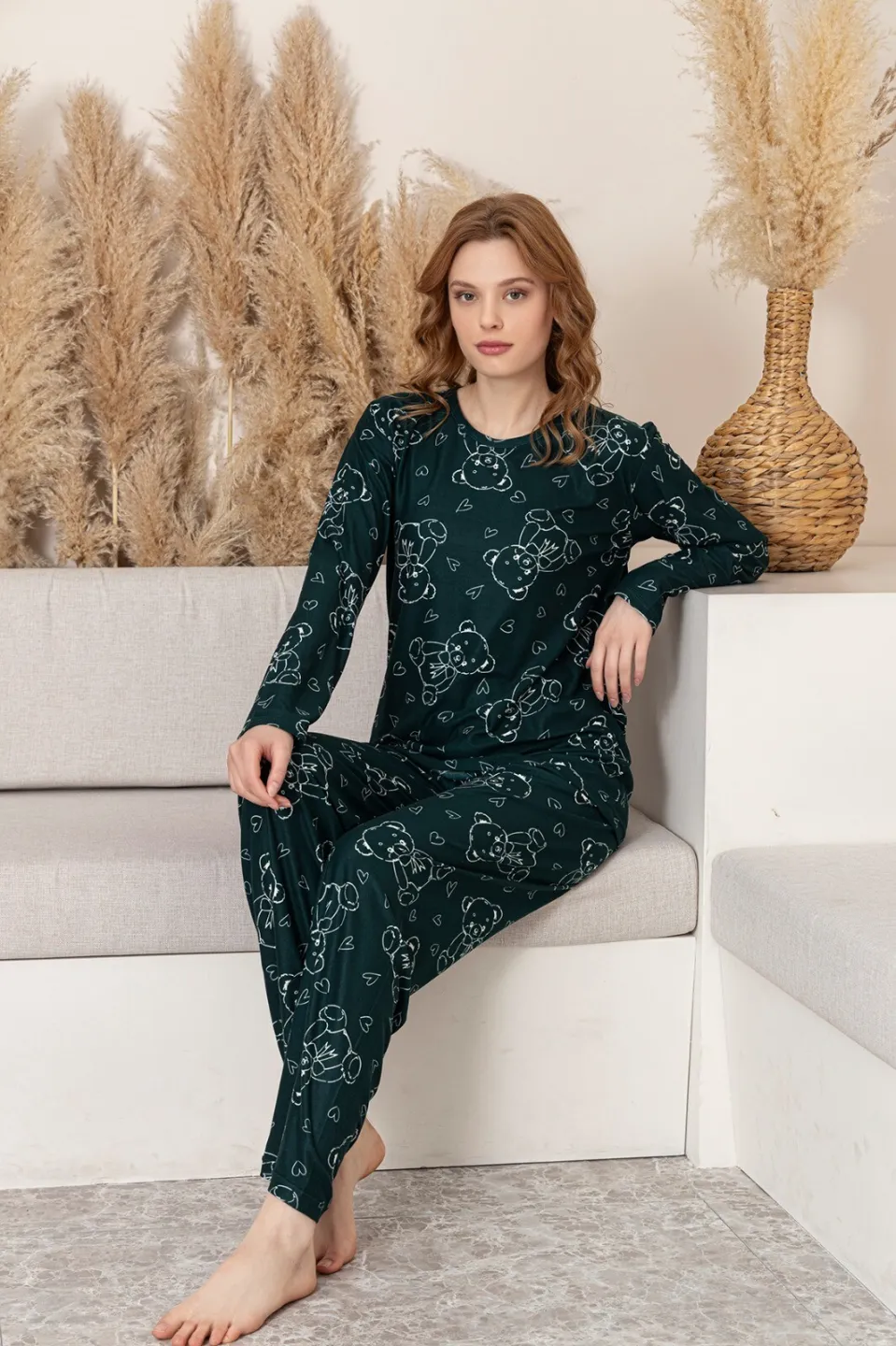 Pijama Damă Verde Închis cu Imprimeu Ursuleți – Mâneci și Pantaloni Lungi - 1