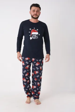 Pijama Crăciun Bărbați – Bluză & Pantaloni Bleumarin cu Imprimeu „HO HO HO”