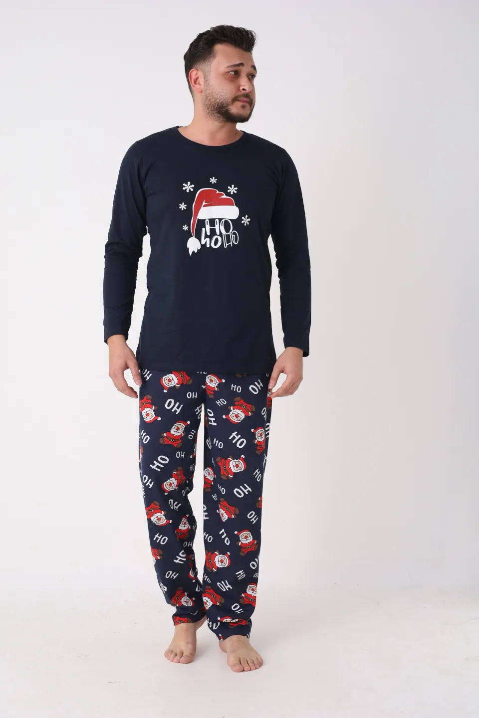 Pijama Crăciun Bărbați – Bluză & Pantaloni Bleumarin cu Imprimeu „HO HO HO” - 2