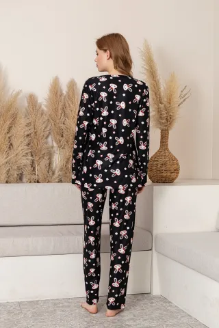 Pijama Damă Neagră cu Imprimeu Iepuraș – Mâneci și Pantaloni Lungi hover