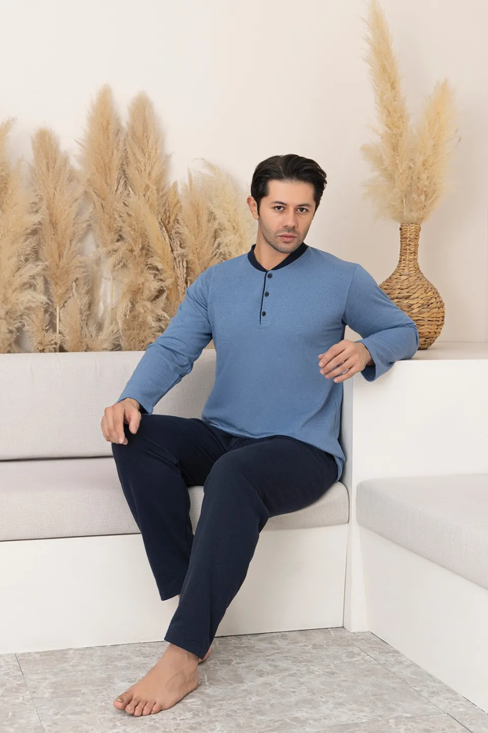 Pijama Bărbați Big Size – Flausată pe Interior, Bluza Albastru Deschis & Pantaloni Bleumarin - 1