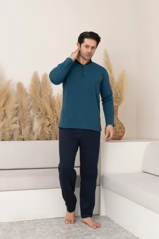 Pijama Bărbați Big Size – Flausată pe Interior, Bluză Albastru Închis & Pantaloni Bleumarin hover