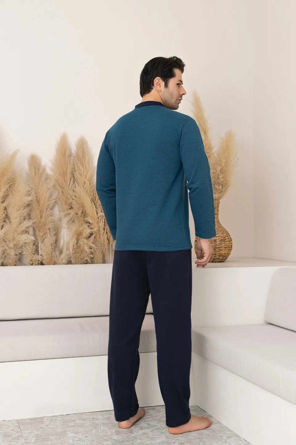 Pijama Bărbați Big Size – Flausată pe Interior, Bluză Albastru Închis & Pantaloni Bleumarin - 3