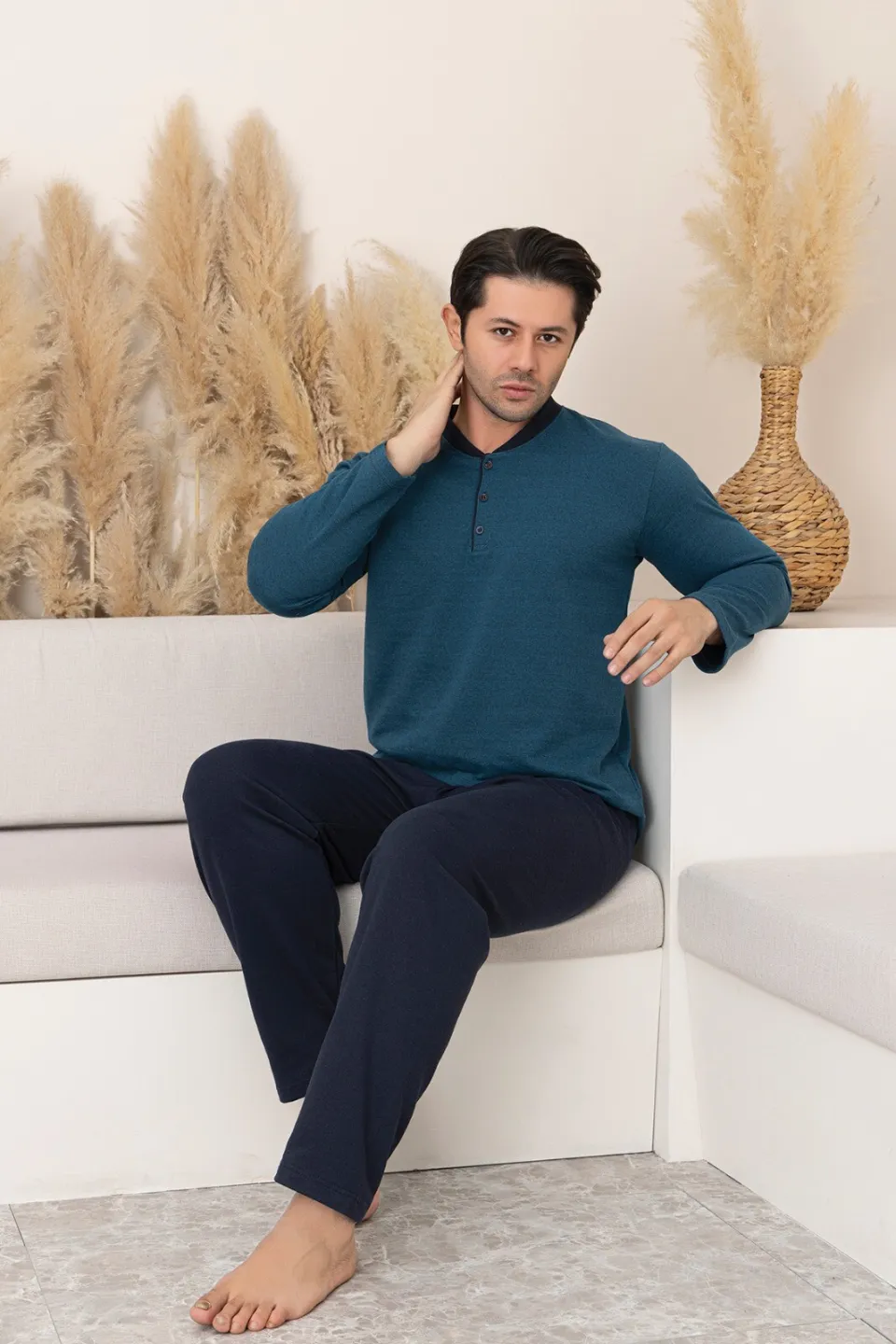 Pijama Bărbați Big Size – Flausată pe Interior, Bluză Albastru Închis & Pantaloni Bleumarin - 1