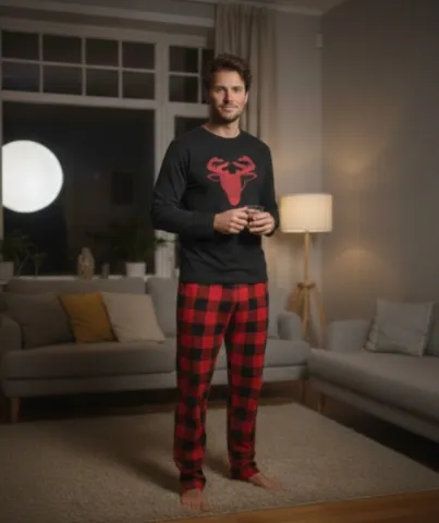 Pijama Bărbați din Polar – Bluză Neagră cu Ren Cusut & Pantaloni Roșii cu Carouri