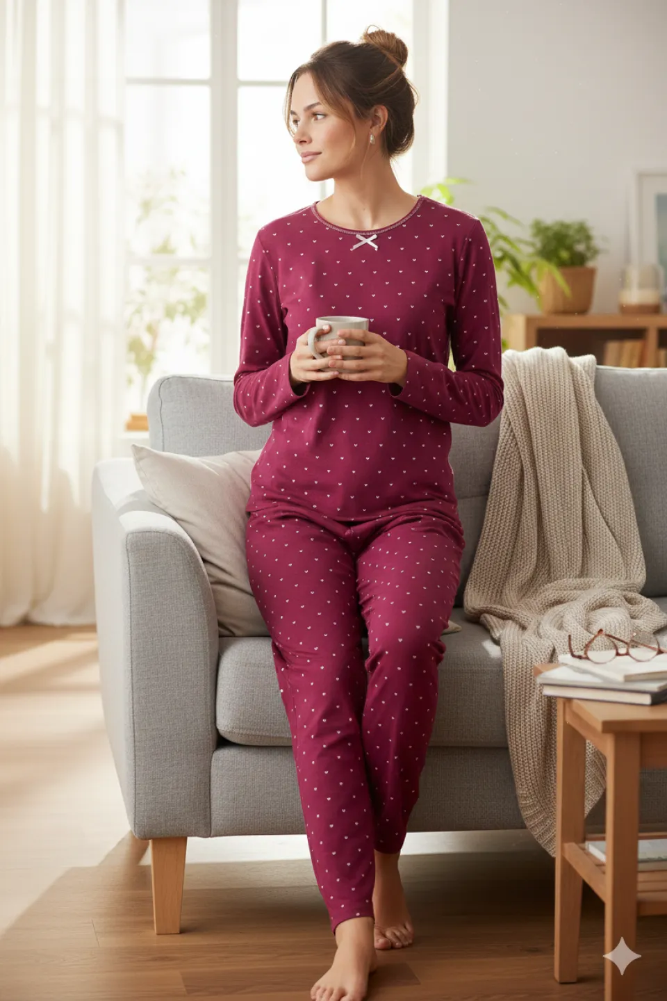 Pijama Damă Flausată pe Interior – Mov cu Inimioare, Mâneci și Pantaloni Lungi - 1