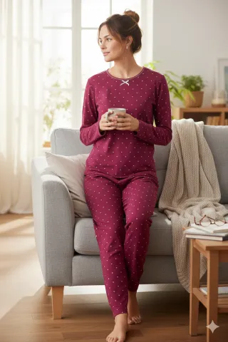 Pijama Damă Flausată pe Interior – Mov cu Inimioare, Mâneci și Pantaloni Lungi