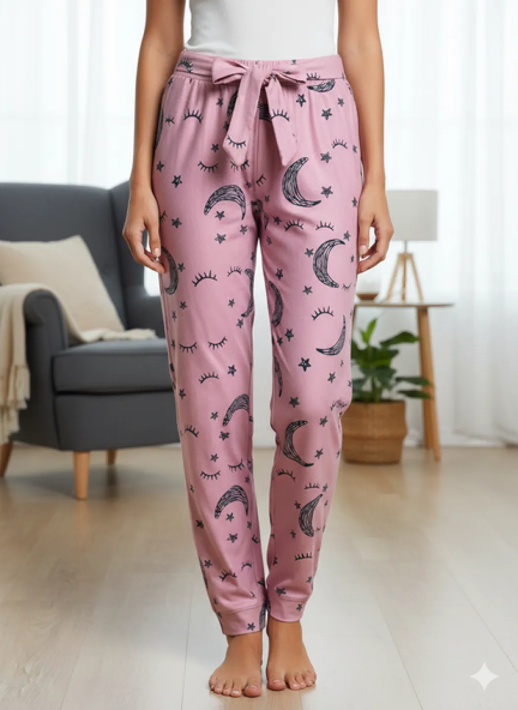 Pantaloni Pijamale Damă – Roz Pufos cu Steluțe și Lună - 1