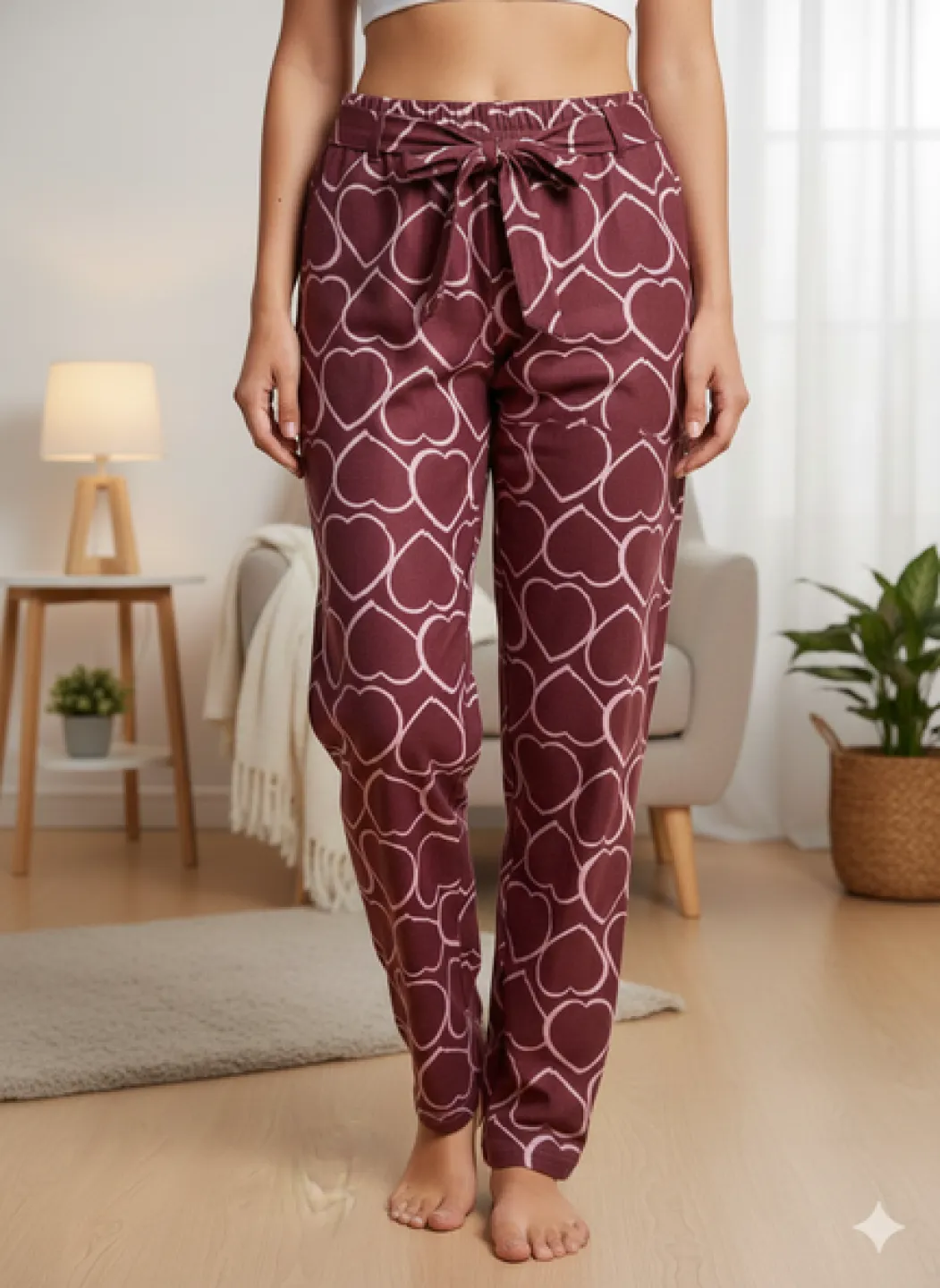 Pantaloni Pijamale Damă – Bordo Pufos cu Inimioare - 1