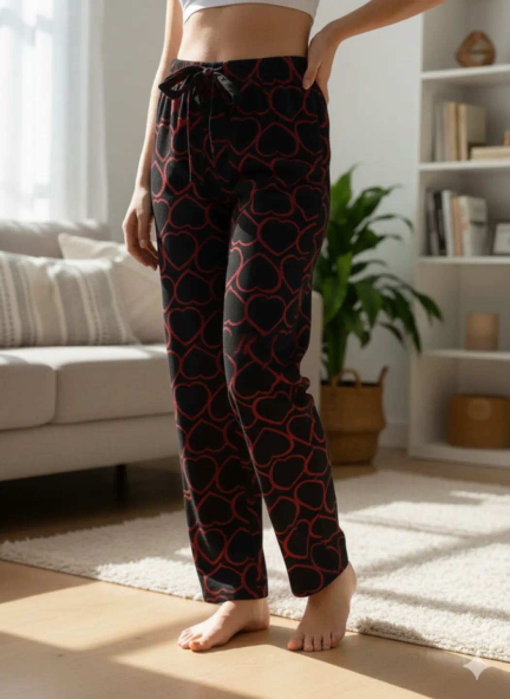 Pantaloni Pijamale Damă – Gri Închis Pufos cu Inimioare Roșii - 1