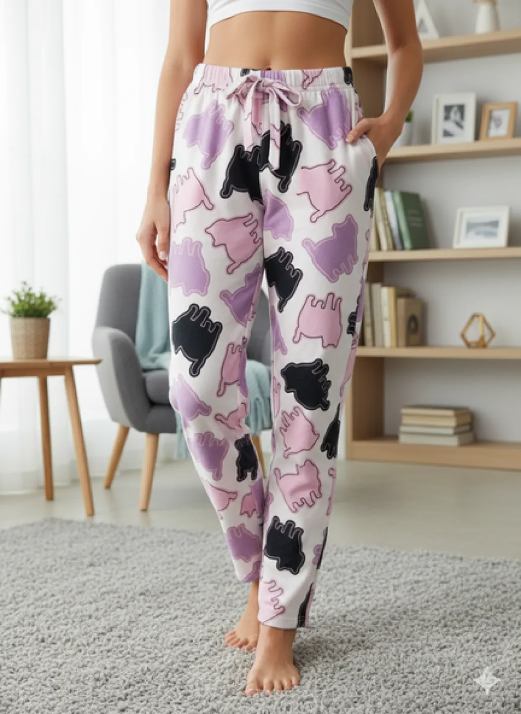 Pantaloni Pijamale Damă – Roz Pal Pufos cu Pisicuțe Colorate - 1