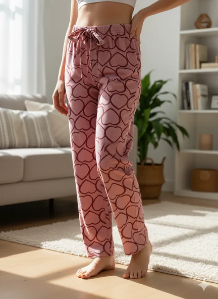 Pantaloni Pijamale Damă – Roz Pufos cu Inimi Roșii