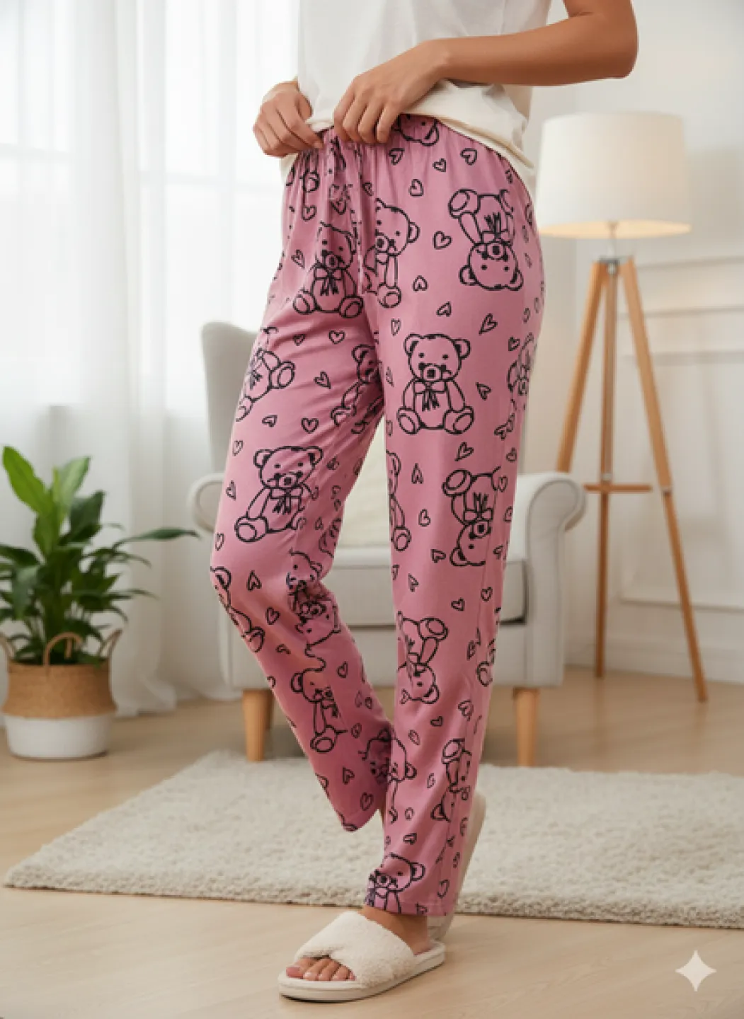 Pantaloni Pijamale Damă – Roz Pudră Pufos cu Ursuleți și Inimioare - 1